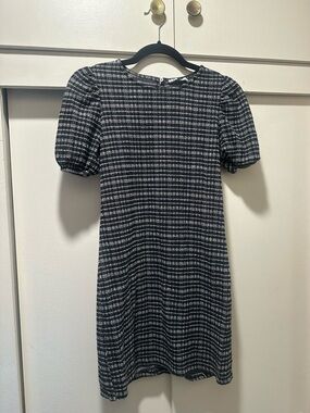 Zara Black & White Tweed Mini Dress with Puff Sleeves